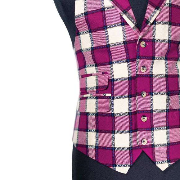 Mens Vest 42R Purple Ivory Plaid Wool Waistcoat Formal Wedding Party Groom Large - Picture 7 of 10